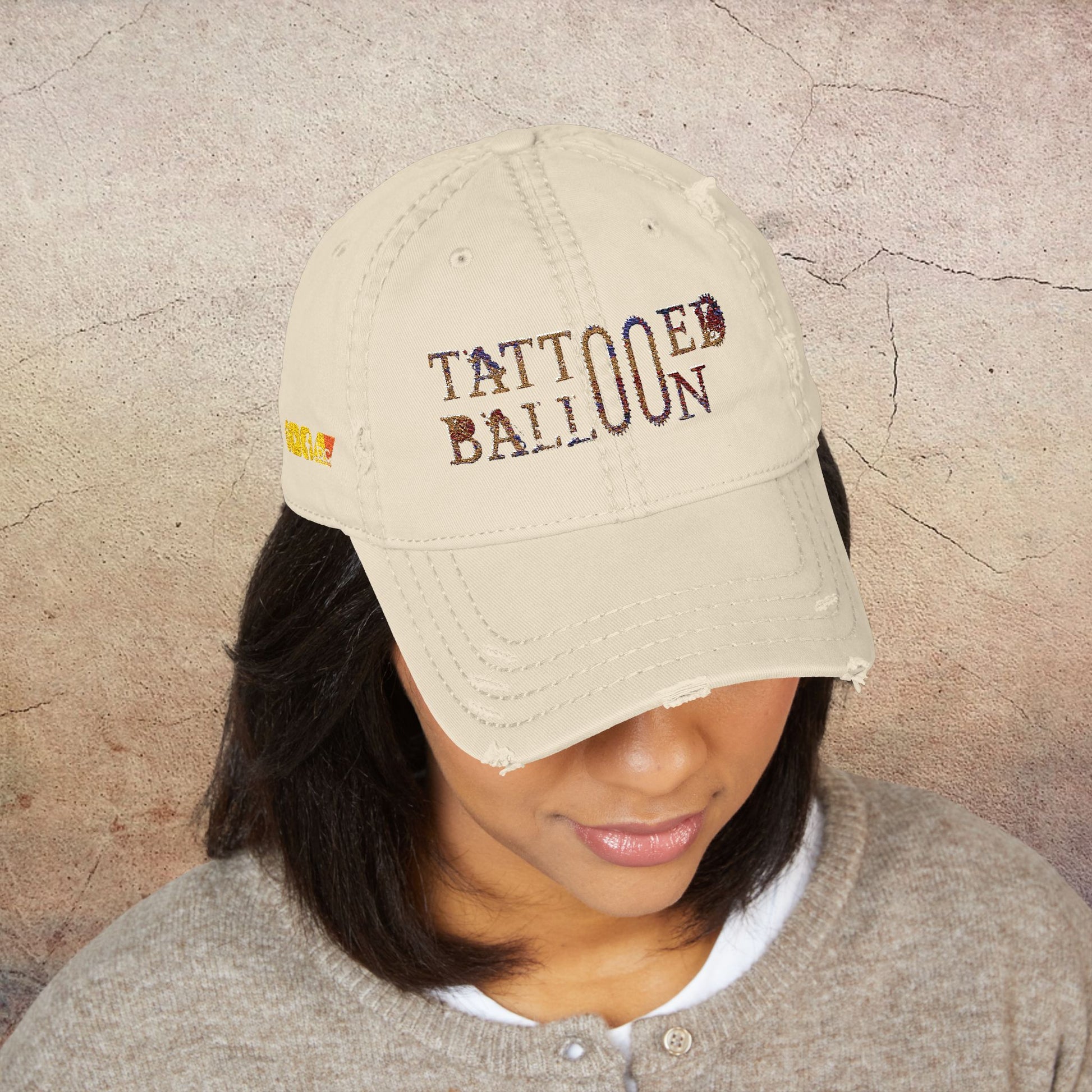 Tattooed Balloon Fan Cap, Embroidered Distressed Cap