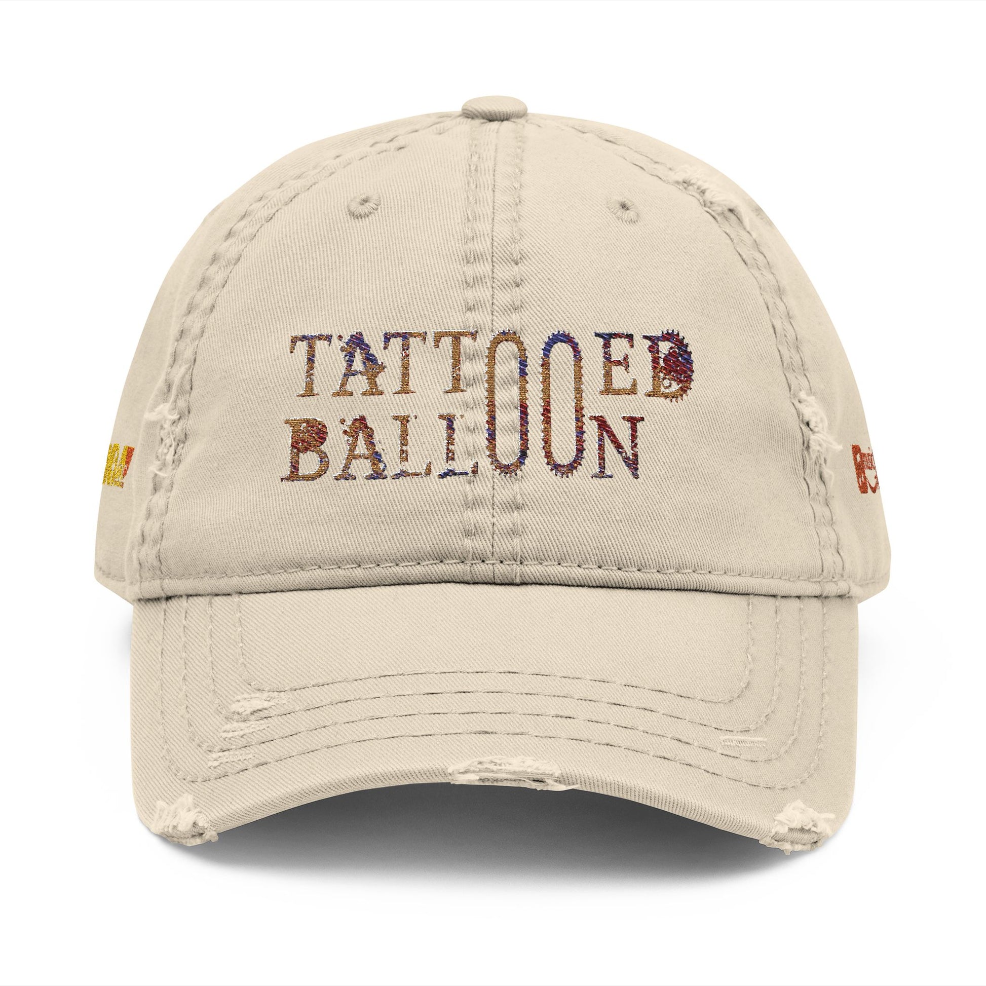 Tattooed Balloon Fan Cap, Embroidered Distressed Cap