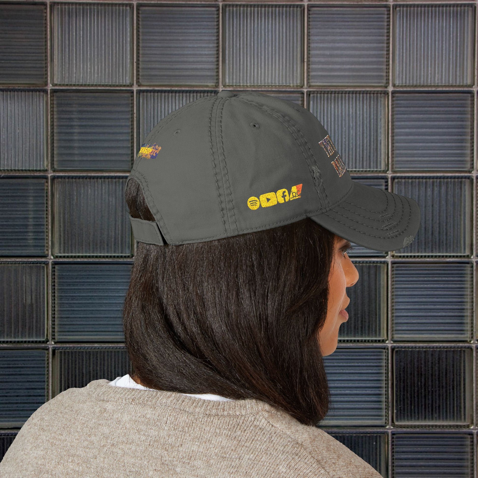 Tattooed Balloon Fan Cap, Embroidered Distressed Cap