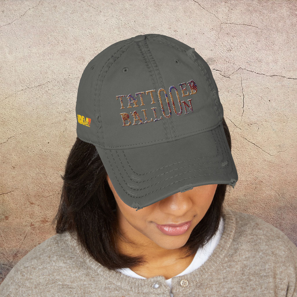 Tattooed Balloon Fan Cap, Embroidered Distressed Cap