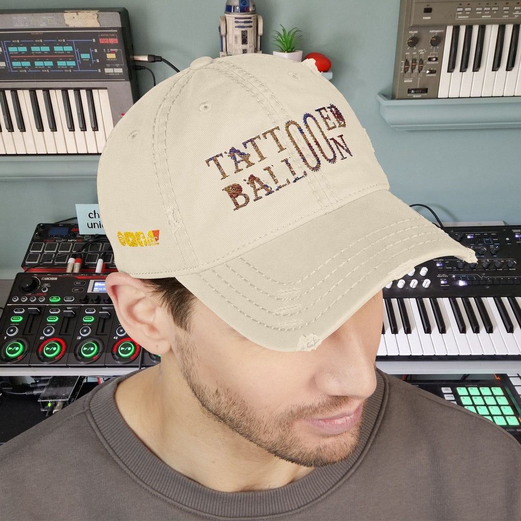 Tattooed Balloon Fan Cap, Embroidered Distressed Cap
