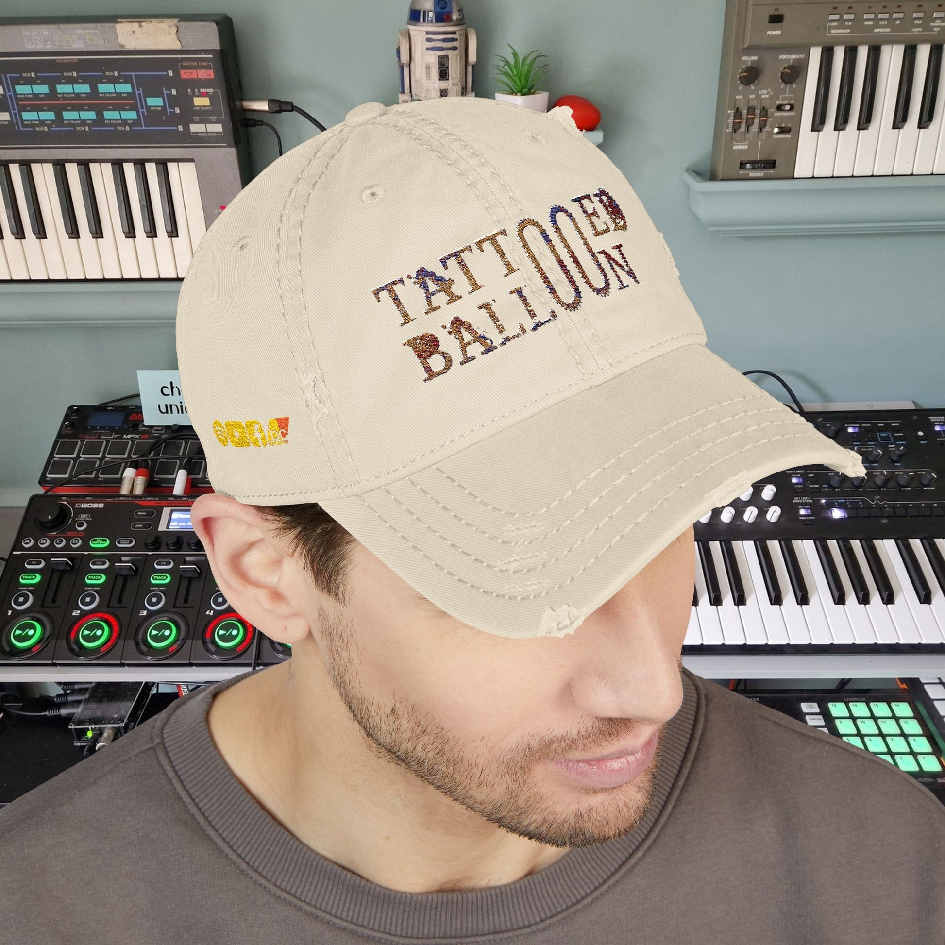 Tattooed Balloon Fan Cap, Embroidered Distressed Cap