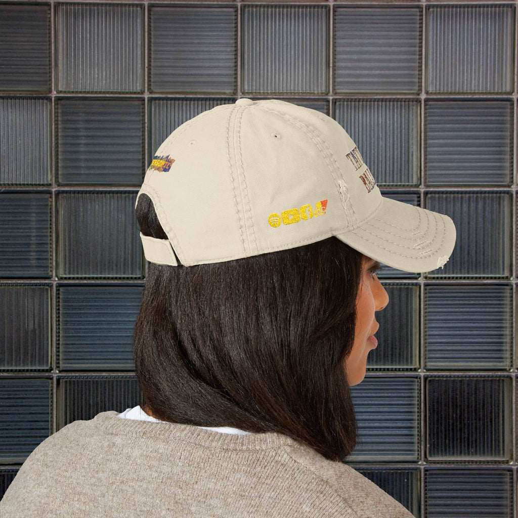 Tattooed Balloon Fan Cap, Embroidered Distressed Cap