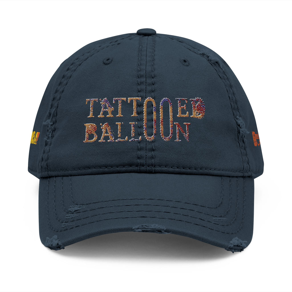 Tattooed Balloon Fan Cap, Embroidered Distressed Cap