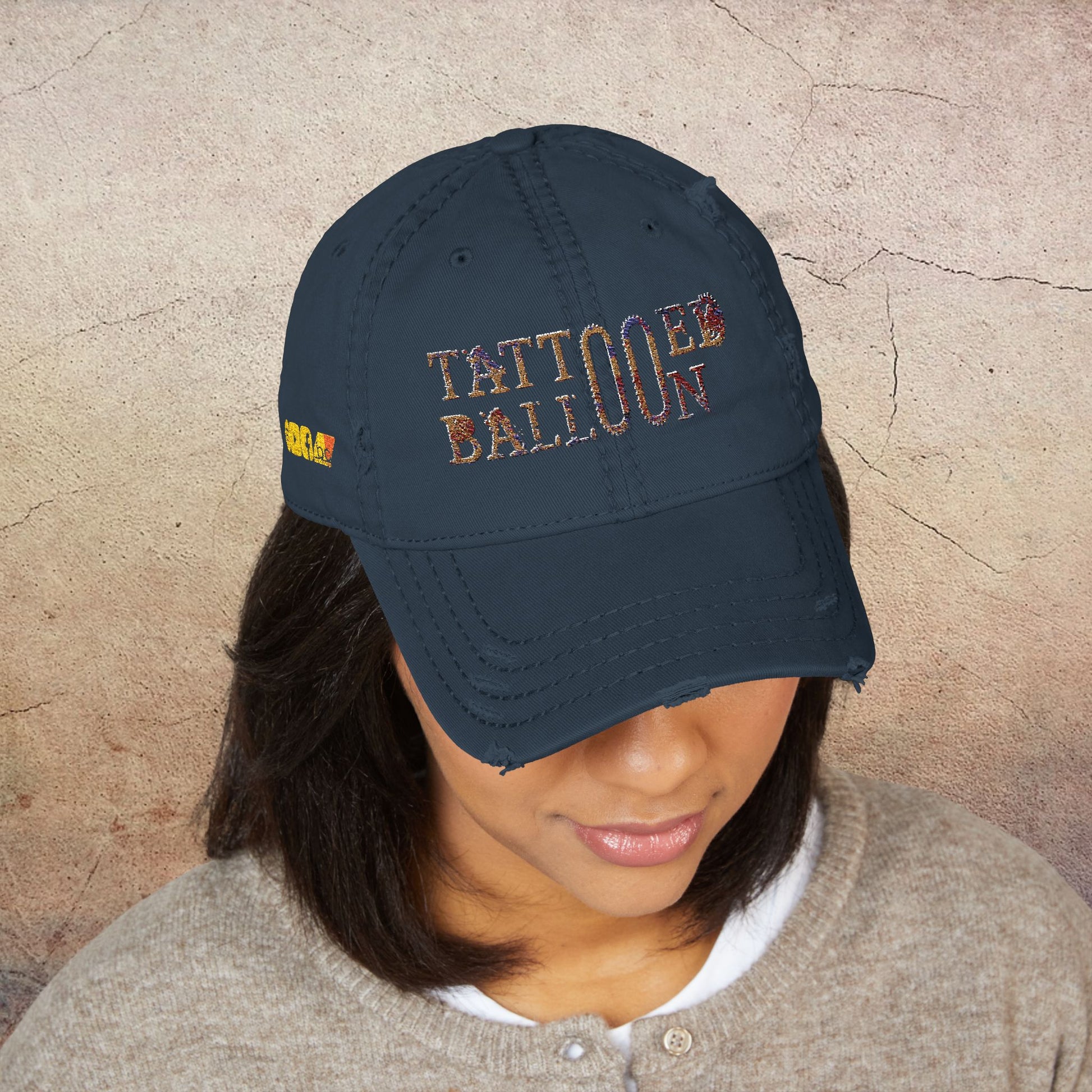 Tattooed Balloon Fan Cap, Embroidered Distressed Cap